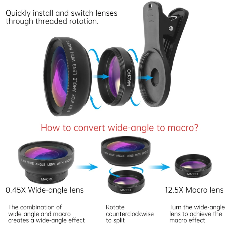 HD 0.45x Super Wide Angle & 12.5x Super Macro Camera Lens Kit for All Cellphone Lens