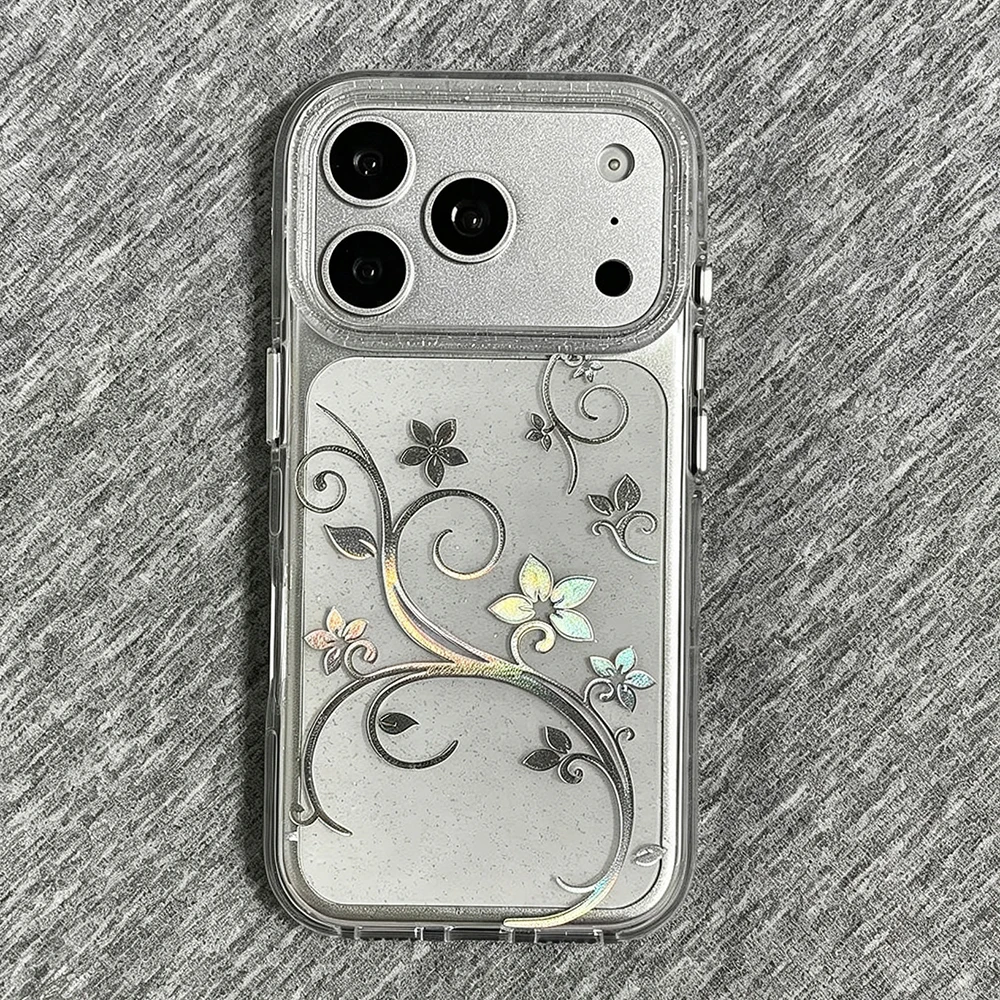 Niedliche Glitzernde Silberne Blumenranken Transparente Handyhülle für iPhone 16 17ProMax 13 14 15 Promax Schutzhülle Stoßfeste Hülle