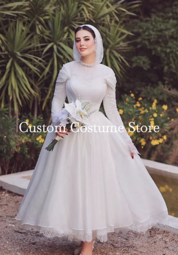 Ankle-length Muslim Hijab Wedding Dresses Long Sleeve High Neck Lace-up Caftan Henna Bride Gown garment customized bespoke