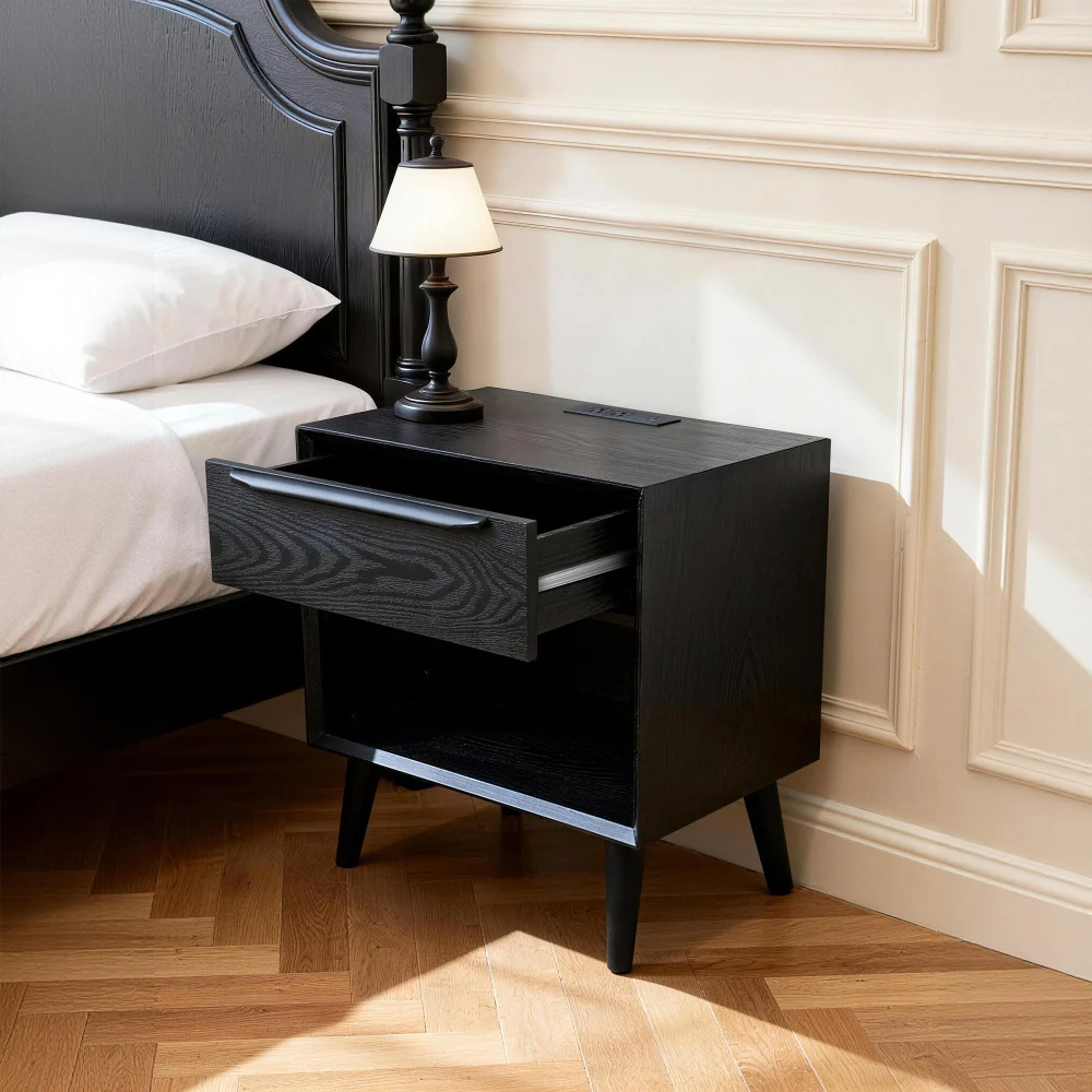 Mid Century Modern Nightstand,  with one Drawer, Wood Bedside Table with Storage Cube for Bedroom, Side Accent End Table with Solid Wood Leg for Living Room, Black.