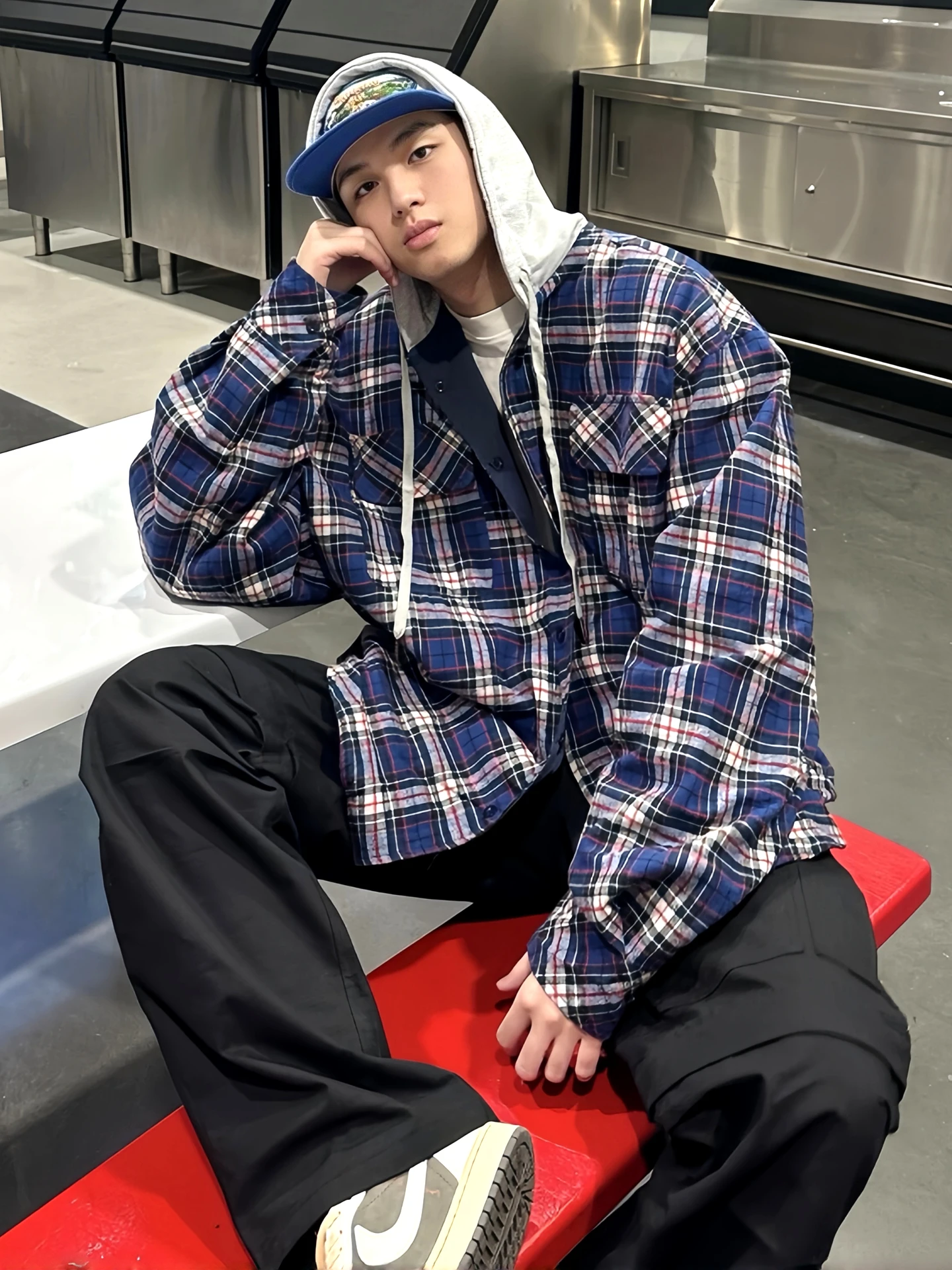 AILZ PROJECT  American Style Casual Plaid Patchwork Hooded Shirt Jacket Men's Women's Double-Sided Wear Cotton Long Sleeve