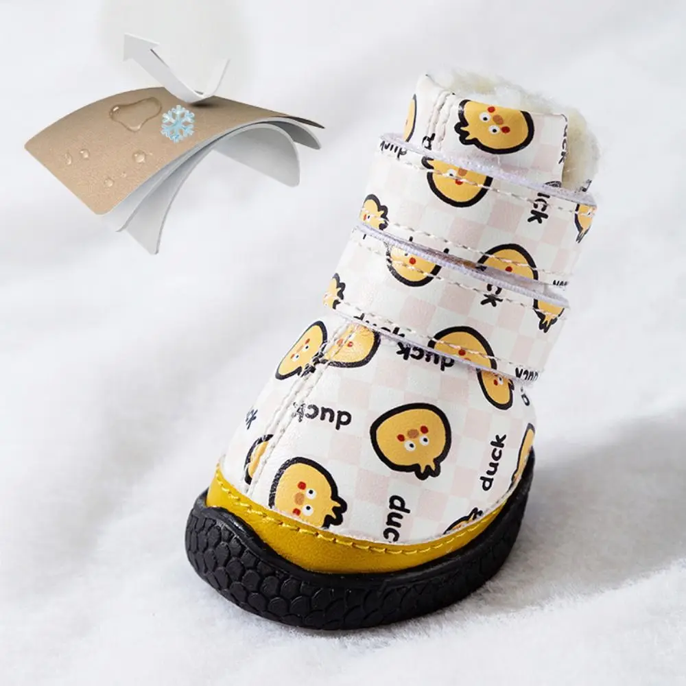 4pcs/set Cute Cartoon Warm Dog Shoes Waterproof Plush Dog Rain Snow Boots Soft Adjustable Anti-slip Puppy Footwear Autumn