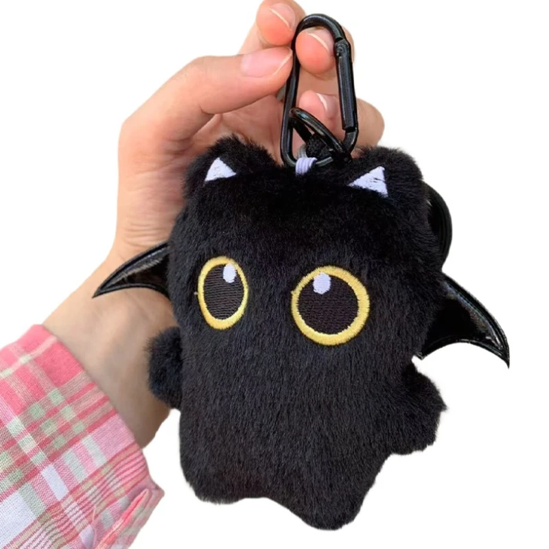 Leuke Ghost Wing Zwarte Kat Pluche Sleutelhanger Kawaii Plushie Animal Gevulde Hanger Grote ogen Punk Tas Accessoires Rugzak Ornament