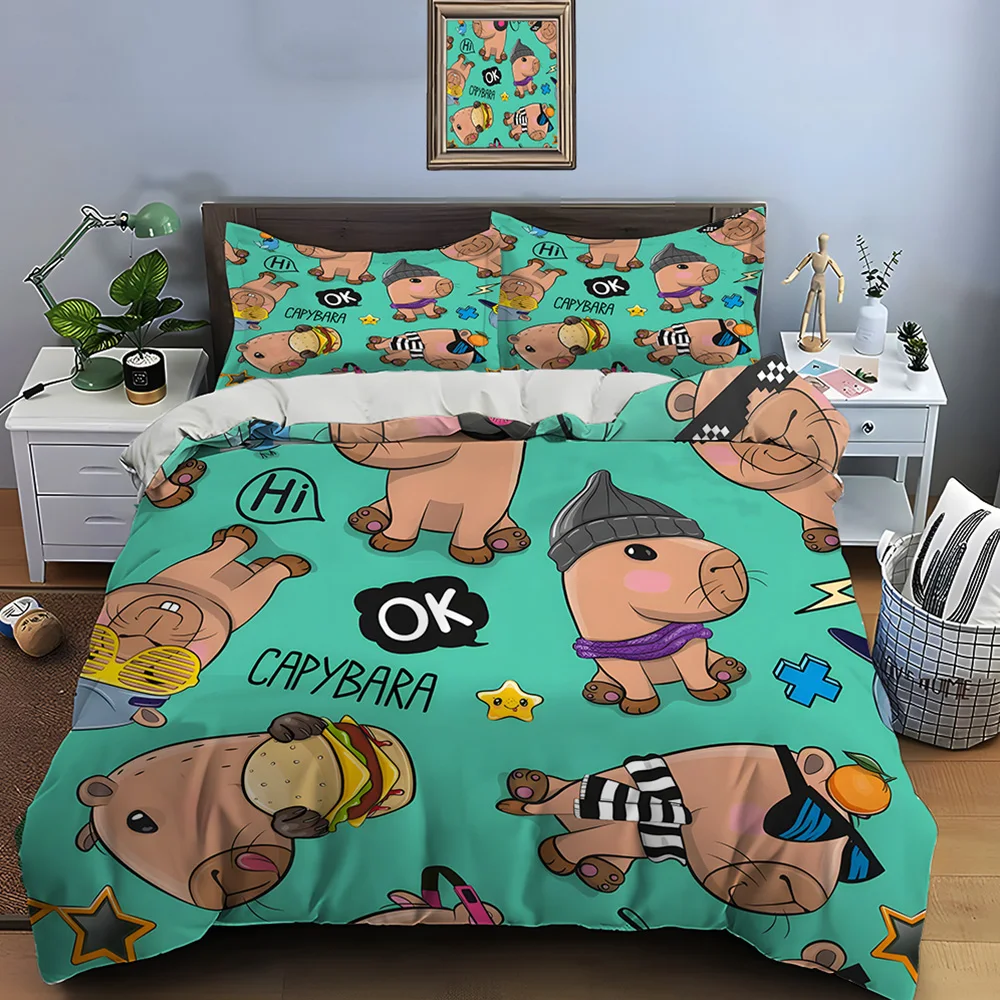 Cartoon capybara accessories pattern Bedding Set for Kids Luxury Gift 3pcs Digital Print Comforter Set Soft Comfortable