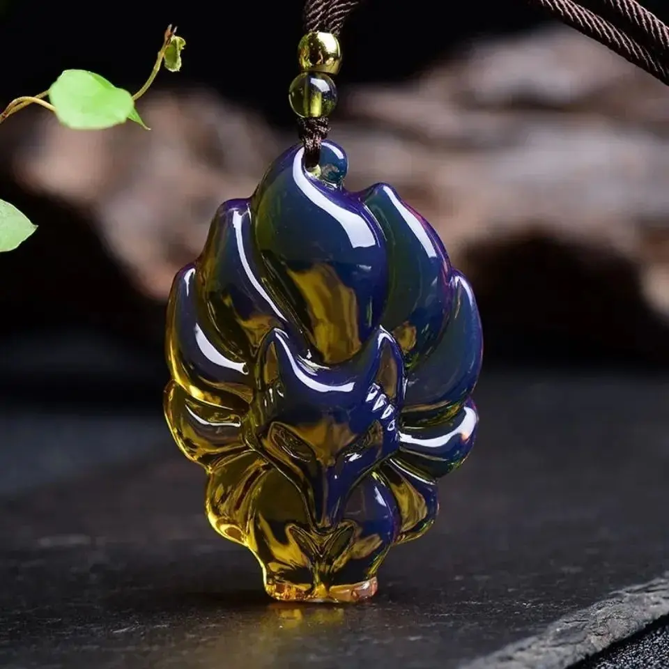 

Dominican Blue Amber Nine-tailed Fox Pendant Second Generation Beeswax Amber Rough Stone Men's and Women's Sweater Chain