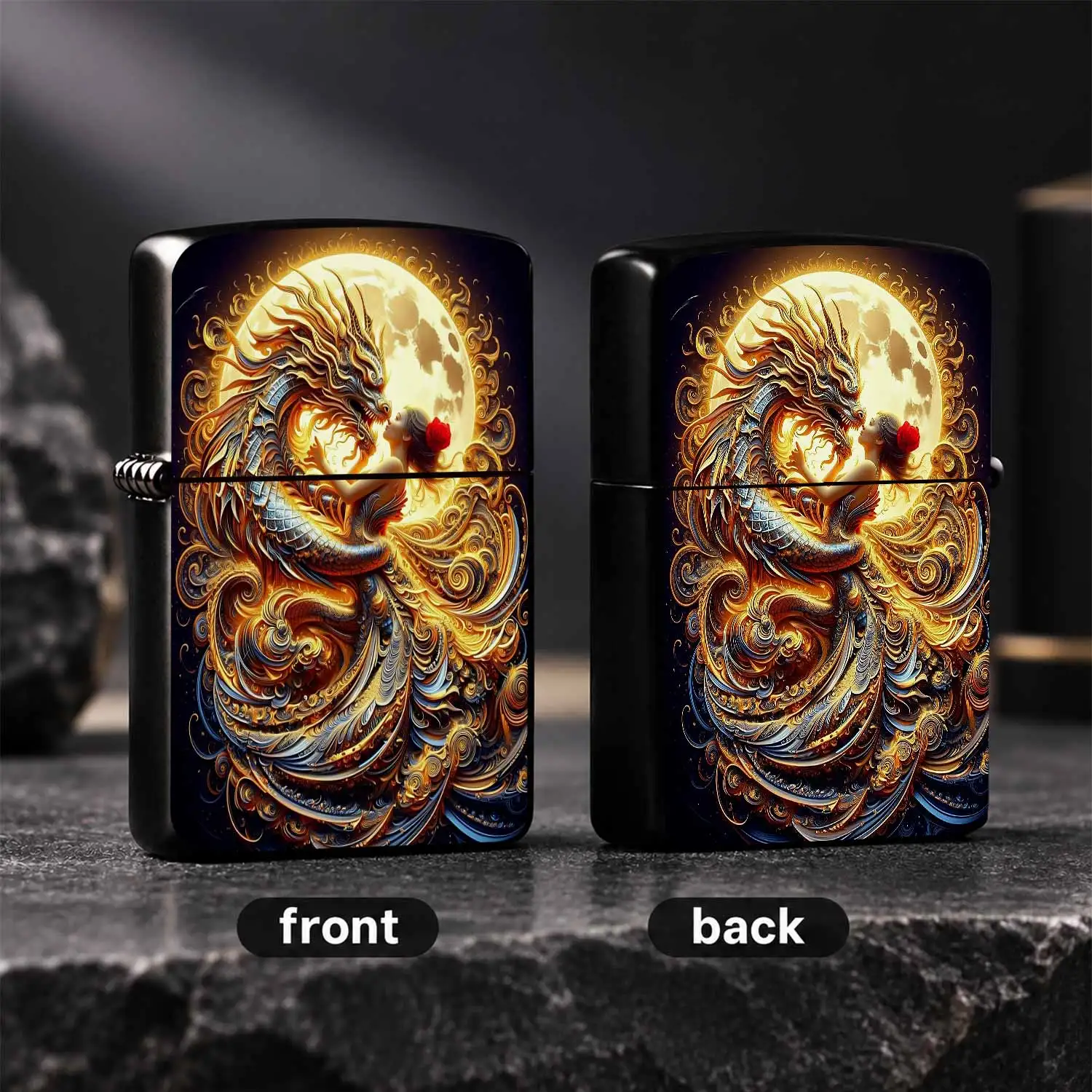 Exquisite Lighter With Gilt Moonlit Dragon And Maiden Art Pattern, Stylish Portable Decorative Ignition Accessory For Daily Use, Gifting, Collection, Ideal For All Scenes To Show Your Unique Aesthetic Taste A Humorous And Interesting Lighte