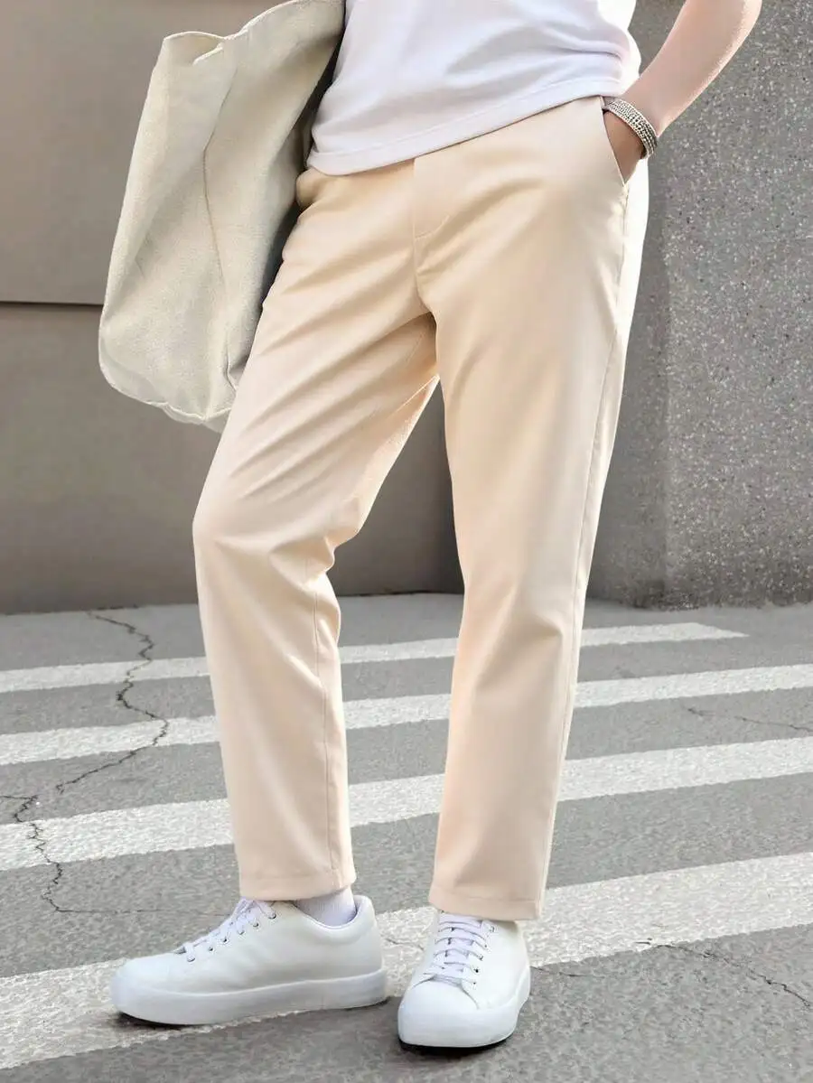 

Unisex Solid Color Pleated Tapered Casual Pants for Kids