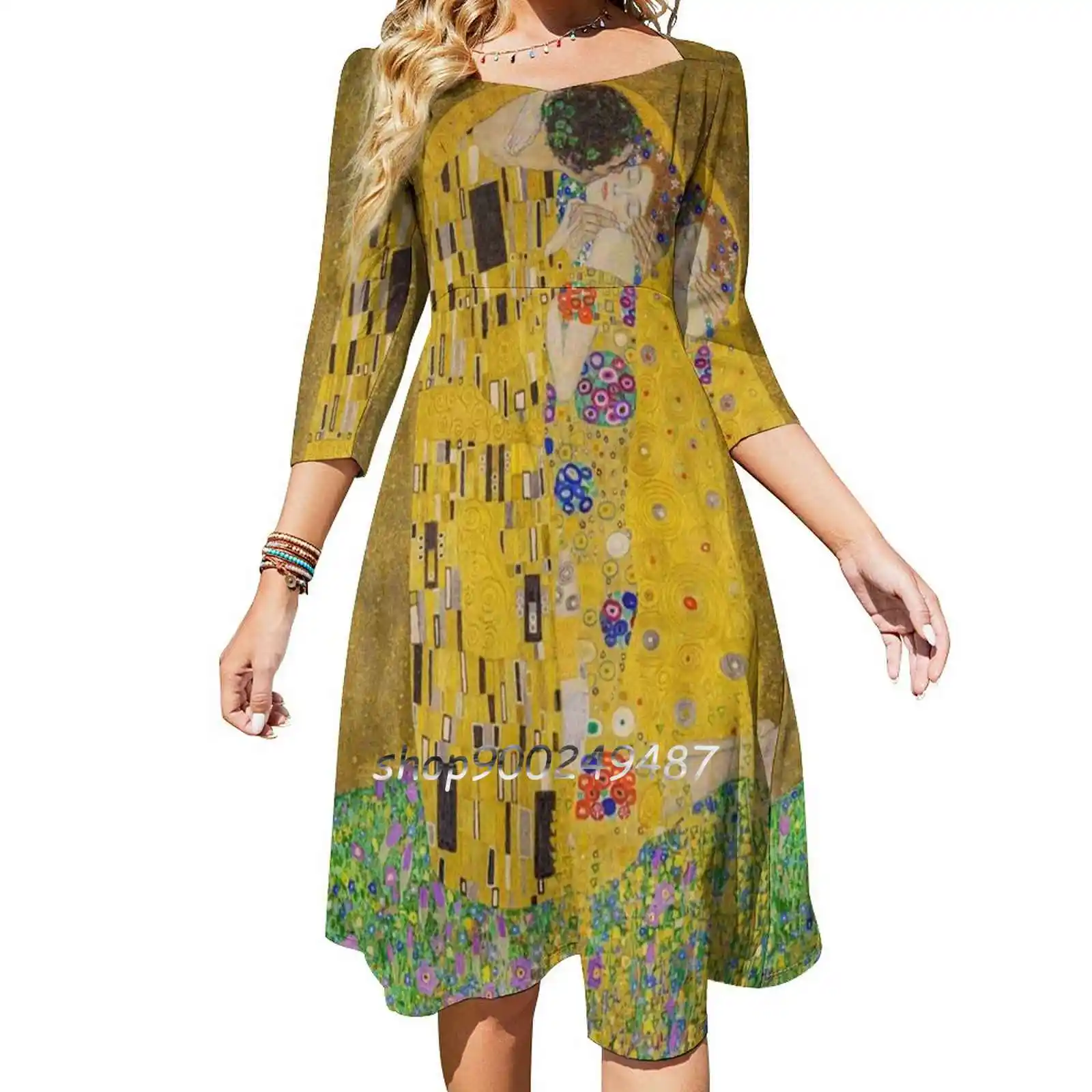 The Kiss Square Neck Dress Sweet Summer Dress Women Elegant Halter Print Dress The Kiss Kiss Gustav Klimt Klimt Gallery Couple