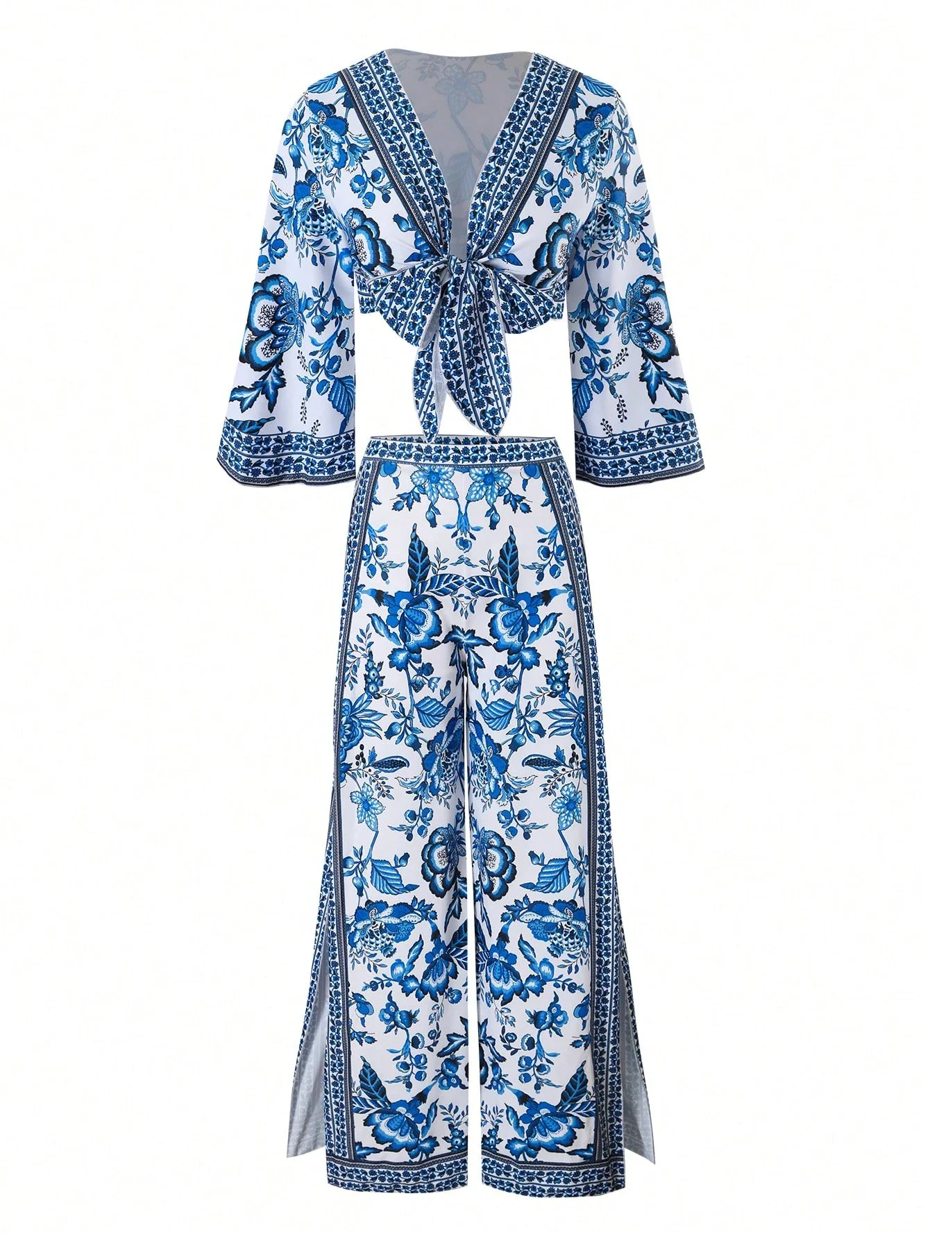 

Blue Floral Tie-Front Cover Up And High Slit Wide Leg Pants 2-Piece Beach Set
