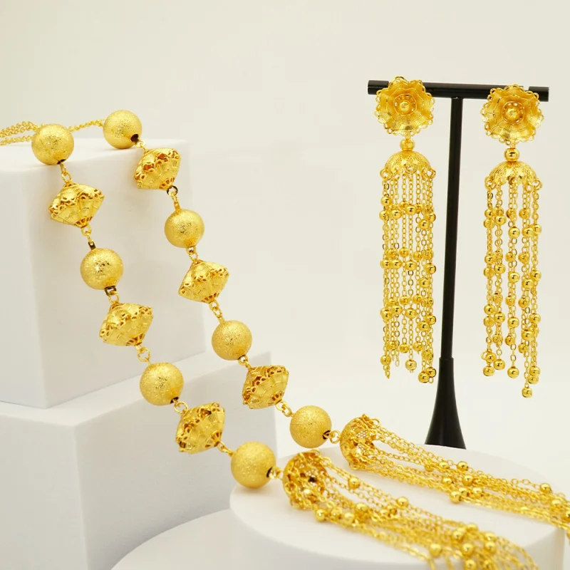 

Dubai Middle Eastern Jewelry Retro Round Bead Brick Shape Hollow Flower Long Tassel Necklace Earrings Set