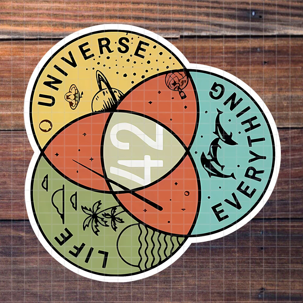 

1/3/5pcs "42: Answer to Life, Universe, Everything" Hitchhiker's Gag Sticker, Nostalgic Sci-Fi Tribute, Playful Fan Attitude Vinyl Sticker, Venn Diagram Design with Universe, Life, Everything, 42, and Hitchhiker's Guide