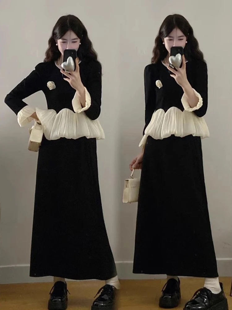 

plus Size Women's Fashion Set Early Spring High Waist Long Sleeve Puffy Sleeve Two Piece Set Elegant Chinoiserie Style Dress