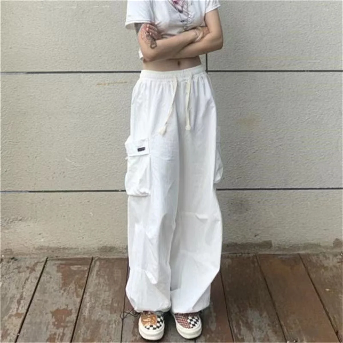 

Fashhion Cargo Pants Big Pockets Women Joggers High Waist Trousers Korean Punk Pants White Capri Streetwear Outwear Pants Femme