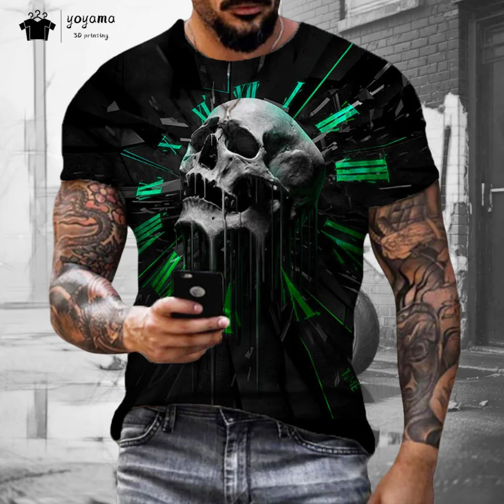 

2025 Хэллоуин Мужская футболка Череп 3D принт Винтажная модная мужская футболка с коротким рукавом Уличная готическая череп Повседневная мужская одежда в стиле хип-хоп