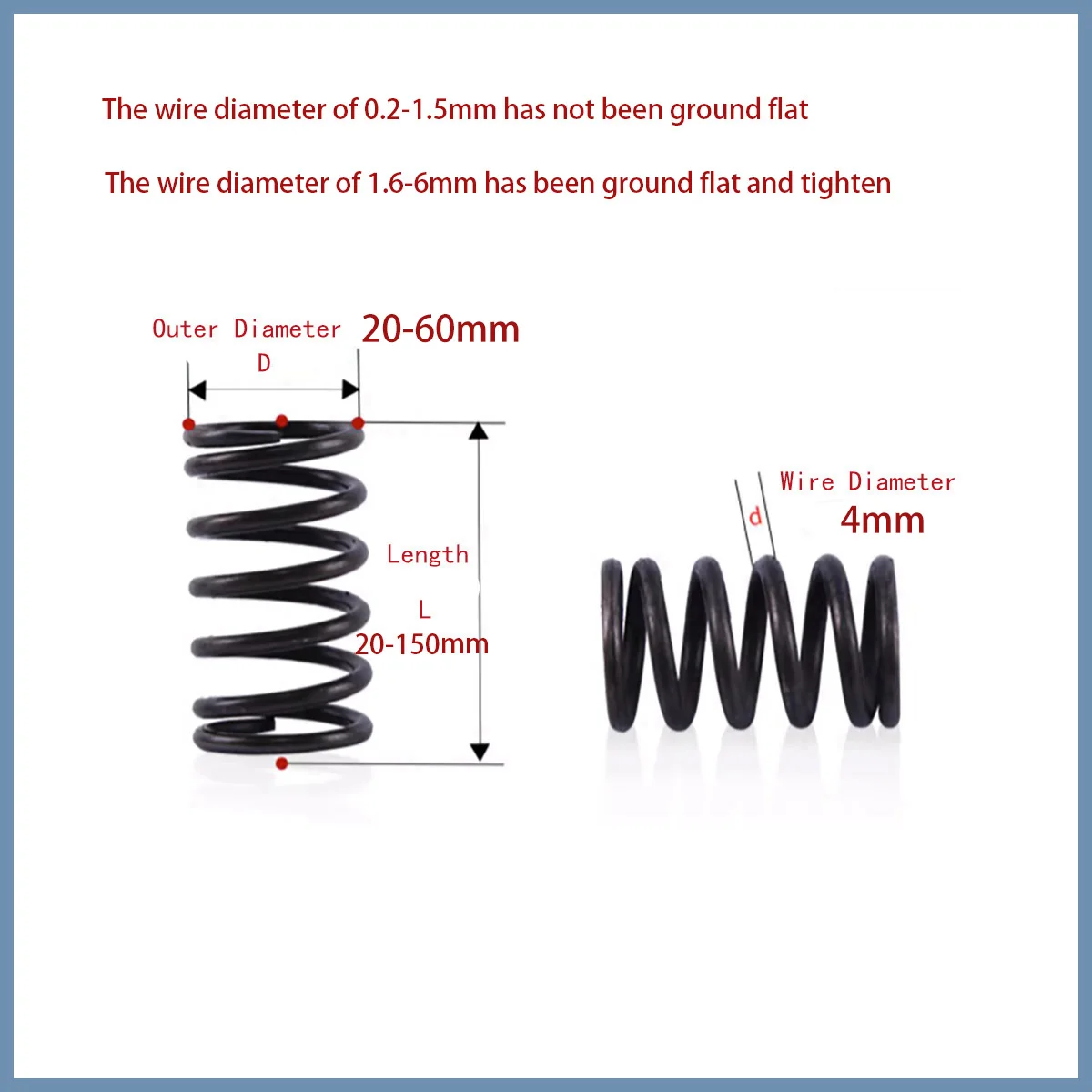 

Wire Dia 4 Outer Dia 20-60 Length 20-150 Manganese Steel Pressure Spring Compression spring High Elastic Blackening Spring