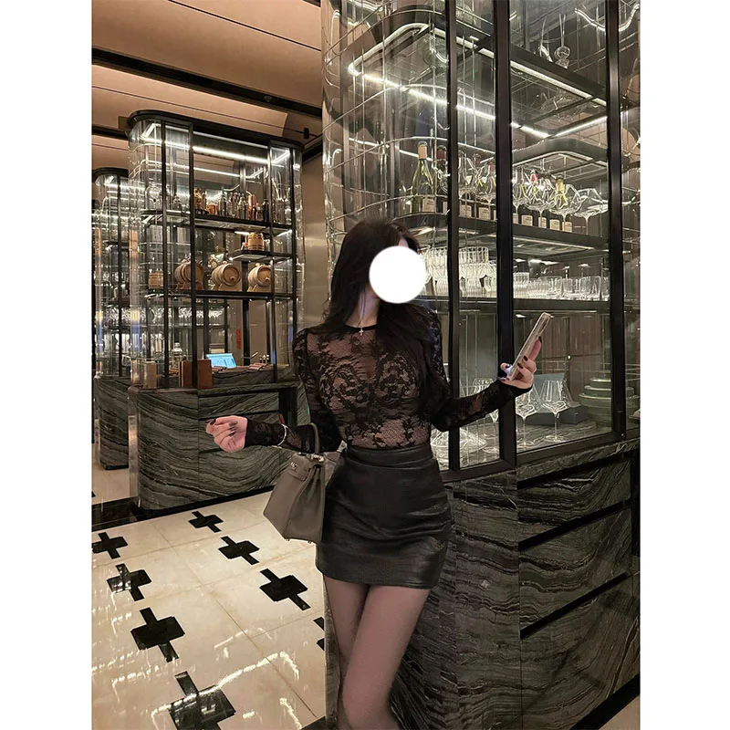 

Sexy Lace Long Sleeve Top And Short Skirt Set Women's High Waist Autumn Fashion Set See through Design Hot Girl Style
