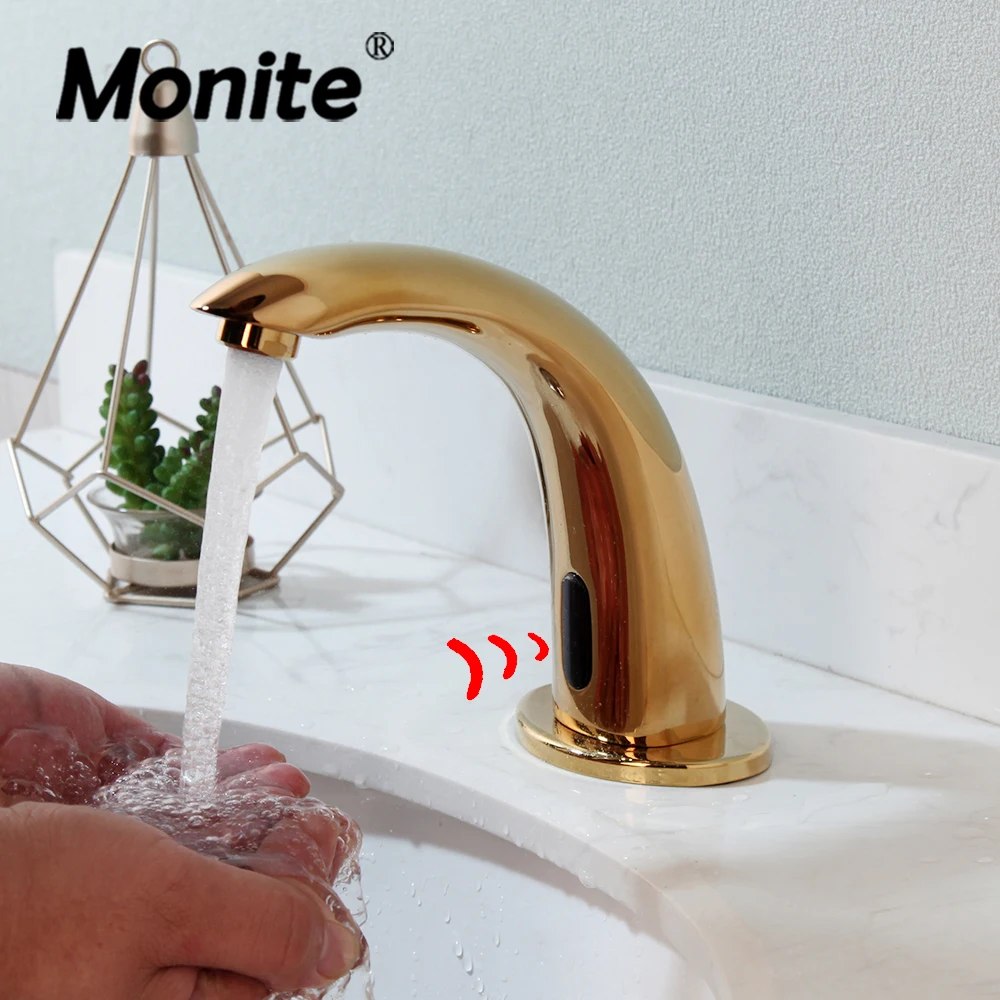 

Monite Bathroom Basin Golden Plated Faucet Automatic Touch Free Sensor Faucets Solid Brass Deck Mounted Hot Cold Water Mixer Tap