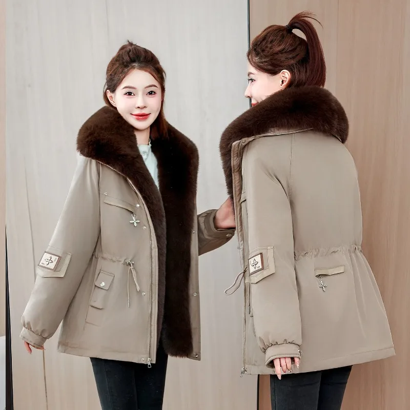 Winter Women Mid‑Length Parkas Detachable Faux Fur Collar Liner Drawstring Waist Multi‑Pocket Warm Casual Daily Ladies Outerwear