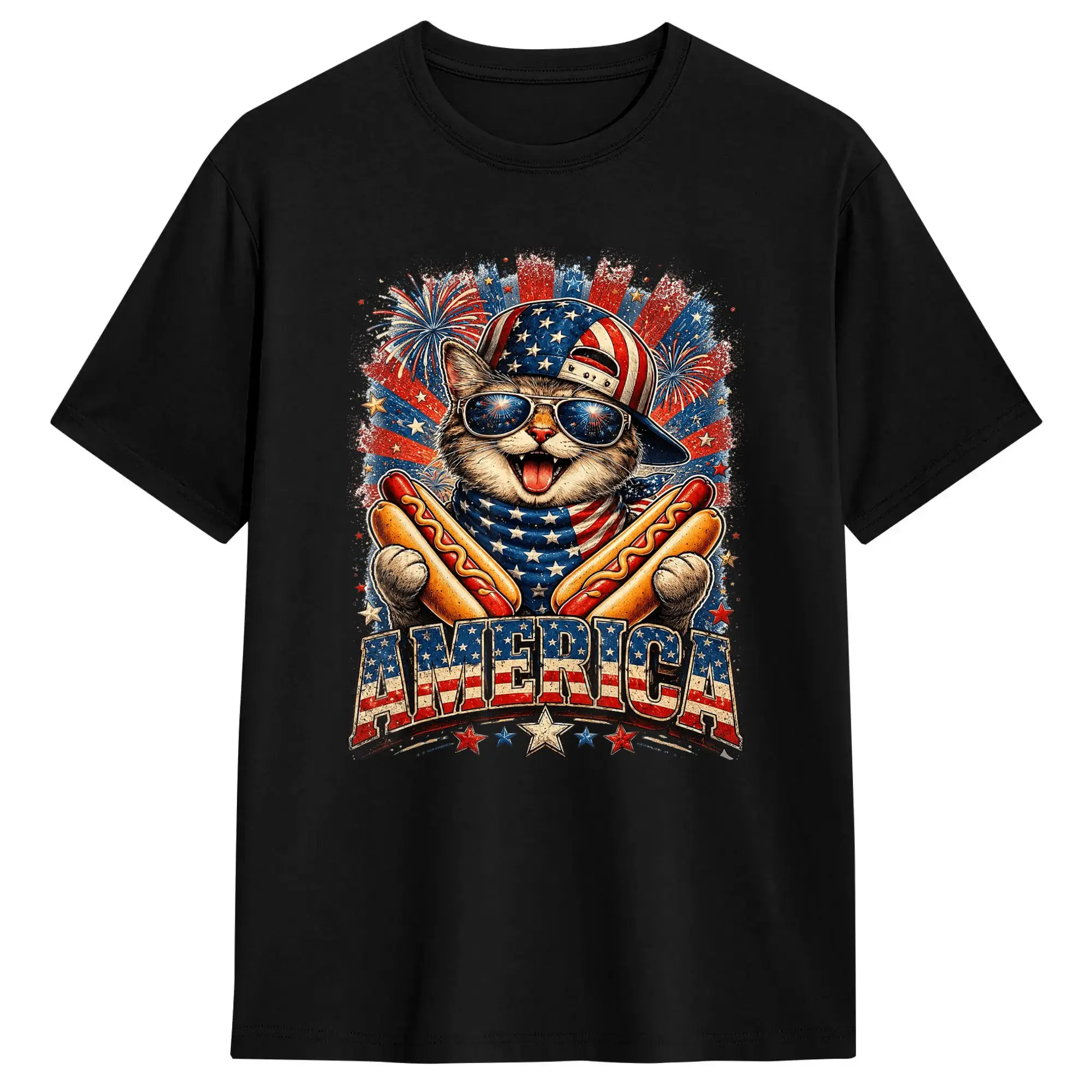 Retro Funny America Cat Hot Dog Lovers Patriotic US Flag T Shirt  Harajuku T-Shirts Short Sleeve Awesome Tshirt Summer Tees