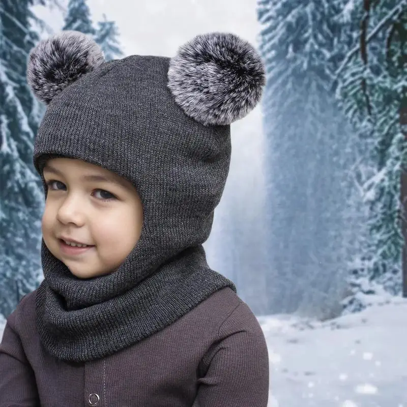 1Pcs Juniors Double Pom Poms Combined Hat Scarf Cute Balaclava Hats Boys Girls Cold Season Wool Ball Cap