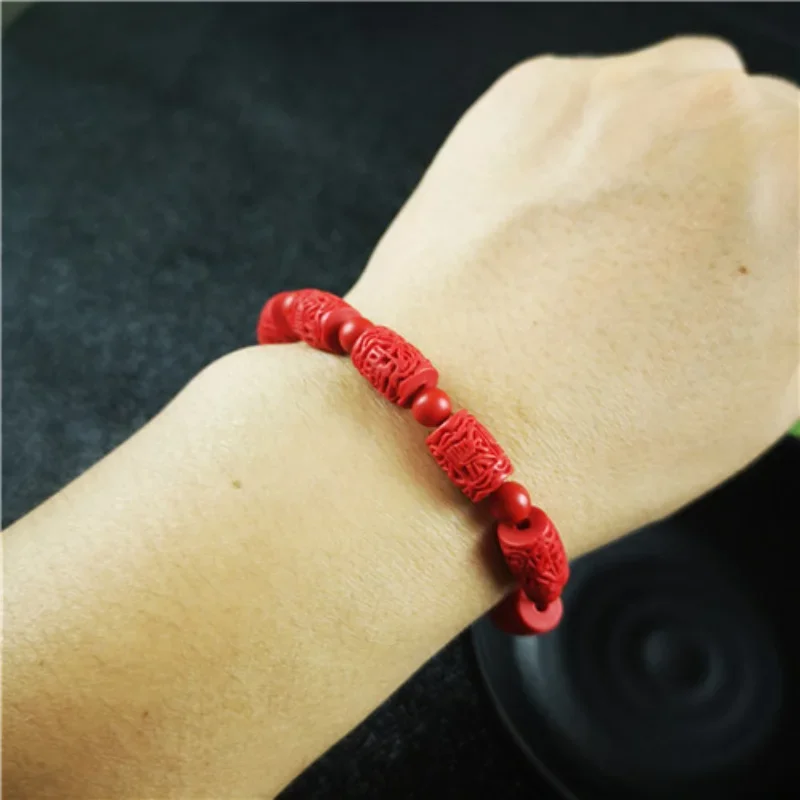 Chinese Red Organic Cinnabar Carving beads Elastic Bracelet Fashion Man Woman Luck Amulet Gifts Jewelry New W9