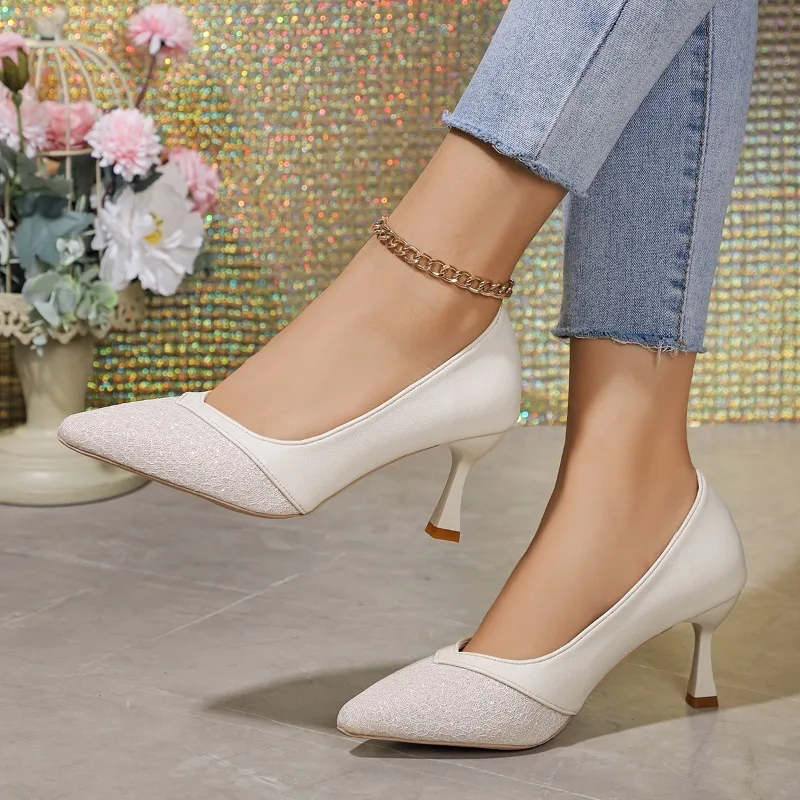 مطرزة أشار تو مضخات المرأة أنيقة رقيقة الكعوب مكتب أحذية الزفاف امرأة حجم كبير الفم الضحلة أحذية عالية الكعب #5