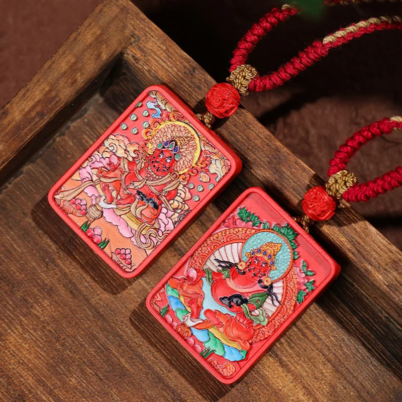 Raw Mine Cinnabar Painted Thangka Yellow God of Wealth Pendant Water Flying Sand Life Year Amulet Exorcism Pendant Couple Gift