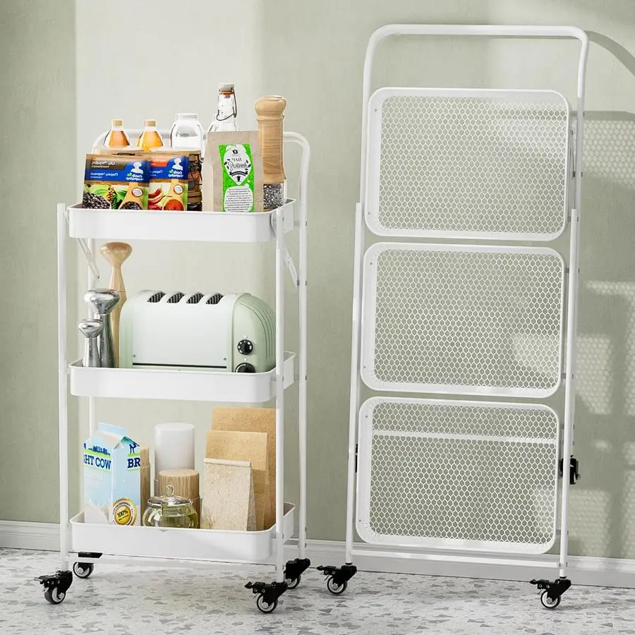 

Складная тележка-органайзер на колесах, 3-ярусная, металлическая, без сборки, с ручкой, сверхпрочная