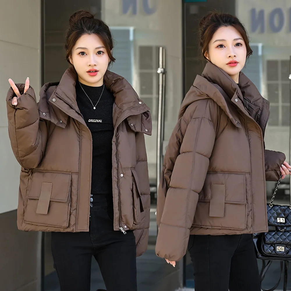 Kurtka bawełniana damska 2025 Nowa, jednolita, z kapturem, krótka parka, damska, codzienna, jesienno-zimowa kurtka puchowa, odzież wierzchnia damska z dużymi kieszeniami