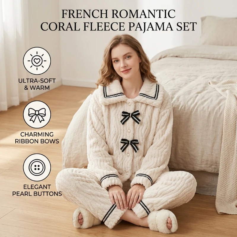 Cozy Princess Design Winter Pajama Set Thick Fleece Lined Student Sleepwear Warm Loungewear Home Outfit for Autumn Winter