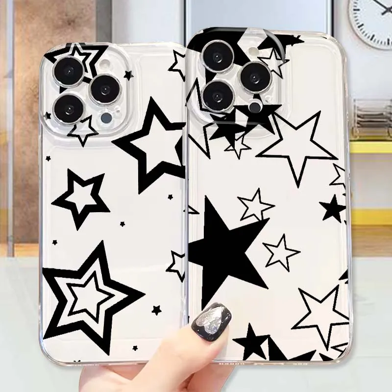 

Black White Star Pattern Phone Case For Apple iPhone 17 16 15 14 13 12 Mini Air Pro Max Plus Space Shell