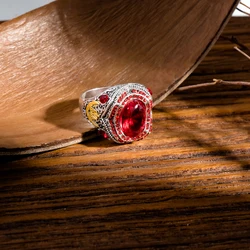 Retro Handmade Turkish Signet Rings for Men Ancient Silver Color Carved Ring Mystic Zircon Inlay New Punk Motor Biker Ring