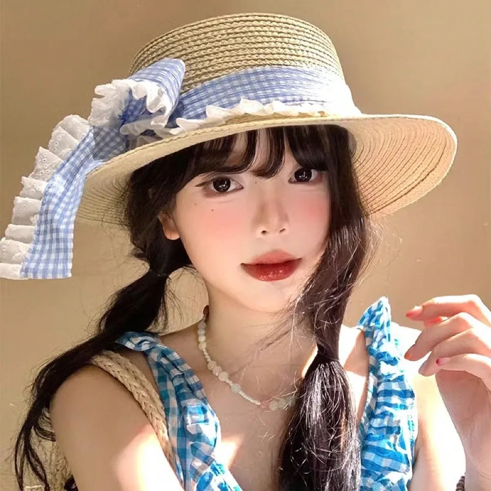 

New Flat-Top Straw Hat for Travel and Beach Vacations, Sun Protection Beach Hat with Bow, Suitable