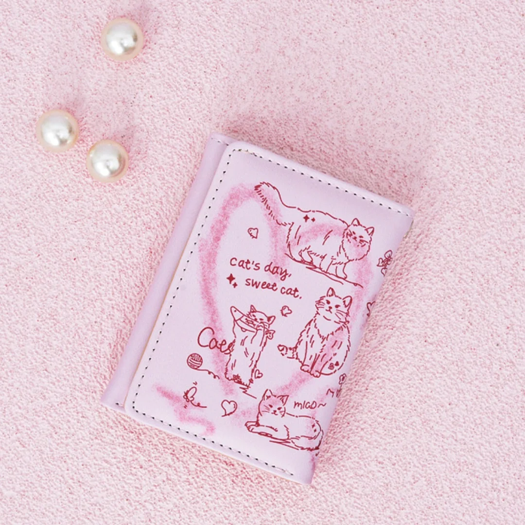 Portable Letter Printed Pink Cat Wallet Sewn Pendant PU Wallet Waterproof Spring Rope Short Money Bag Card storage Container