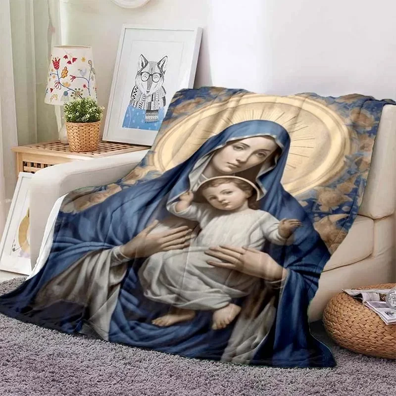 Virgin Mary Flannel Blanket Fluffy Lightweight Fleece Throw Blanket Comfort Soft Warm Baptism Cozy Nursery Bedding Decor Bedroom