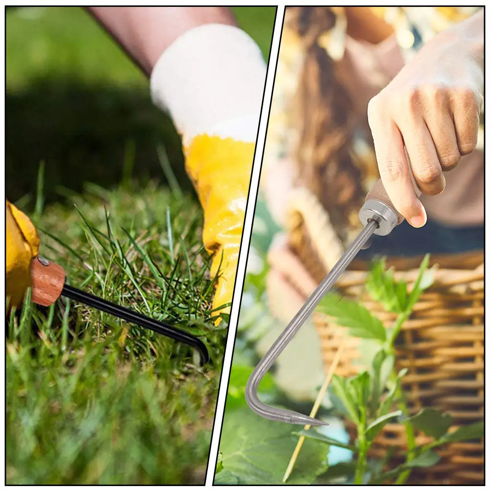 2Pcs Root Extractor Manual Weeding Tool Wooden Handle Stainless Steel Garden Remover Soil Loosener Lawn Weeder Household Crack