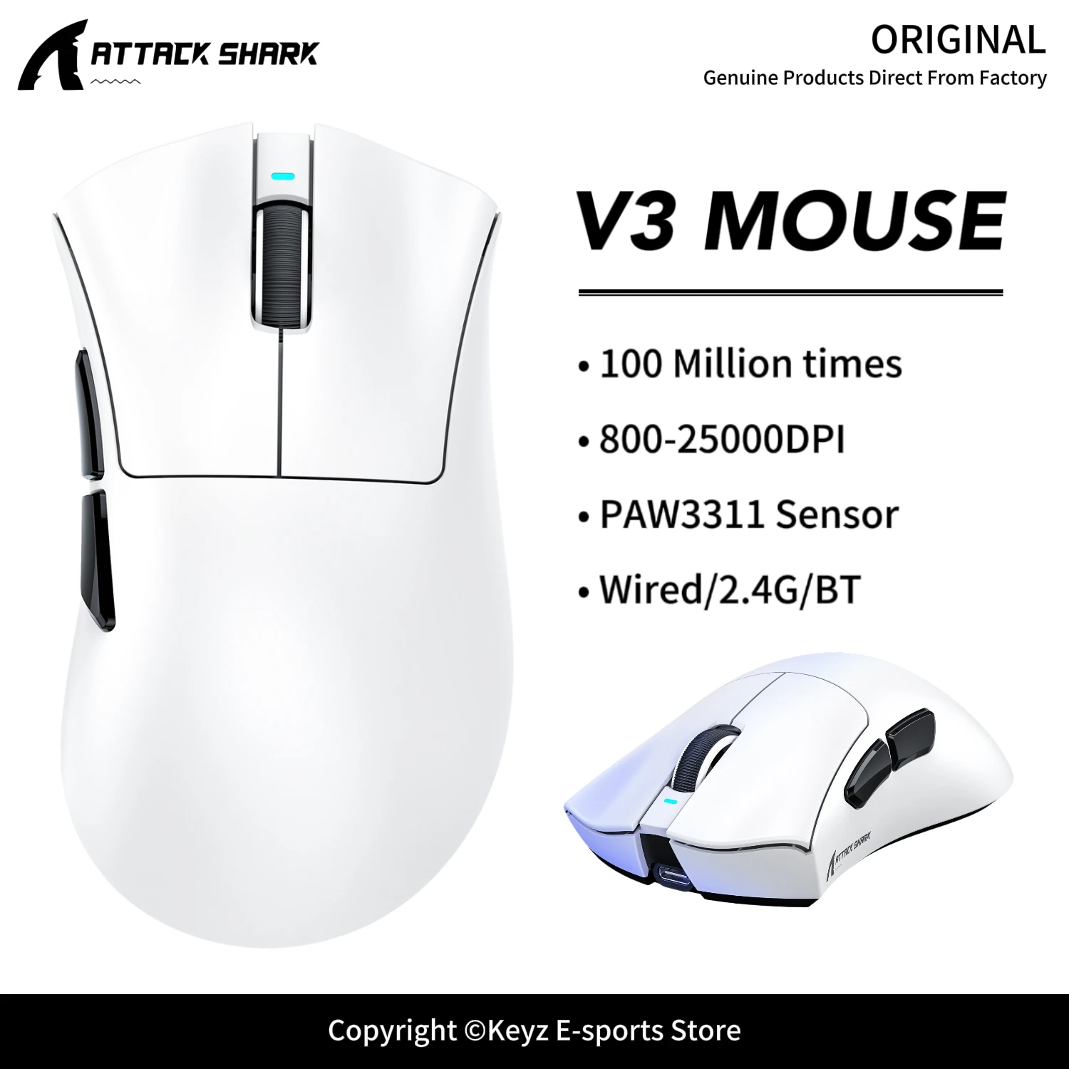 ATTACK SHARK V3/V3Pro Low-Power Mouse 1000Hz Wireless Mouse PAW3311 Sensor 25000DPI BK52820 MCU & 500mAh for Right-handed Mouse
