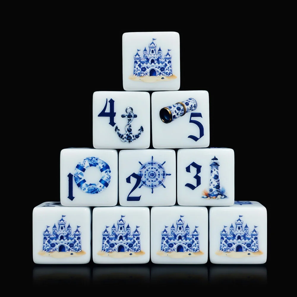 12Pcs Blue Nautical 16MM Printed D6 Acrylic Dice,White Six Sided Dice With Lighthouse Anchor Castle Pattern, Tabletop Board Game view 3