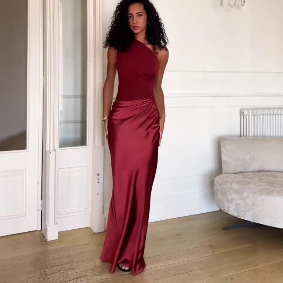 Moda retalhos vestido de cetim sexy um ombro gola inclinada sem mangas noite maxi vestido 2026 novo verão elegante vestidos de festa
