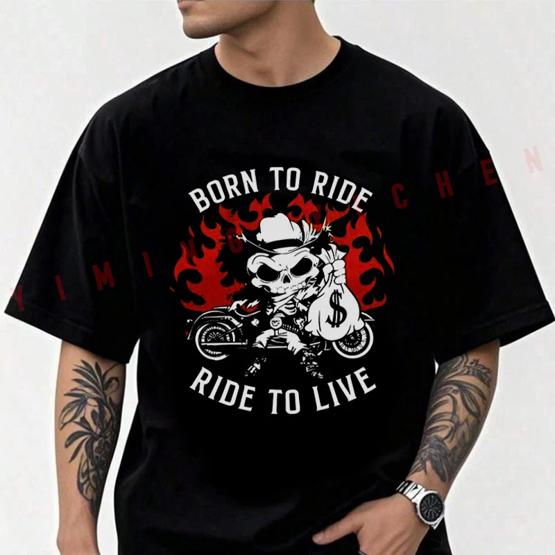 

Biker Graphic Motorcycle Design With Skull & Biker Gang Print Men's Fashion T-shirt Moto Cotton Casual Summer Short Sleeve Tops