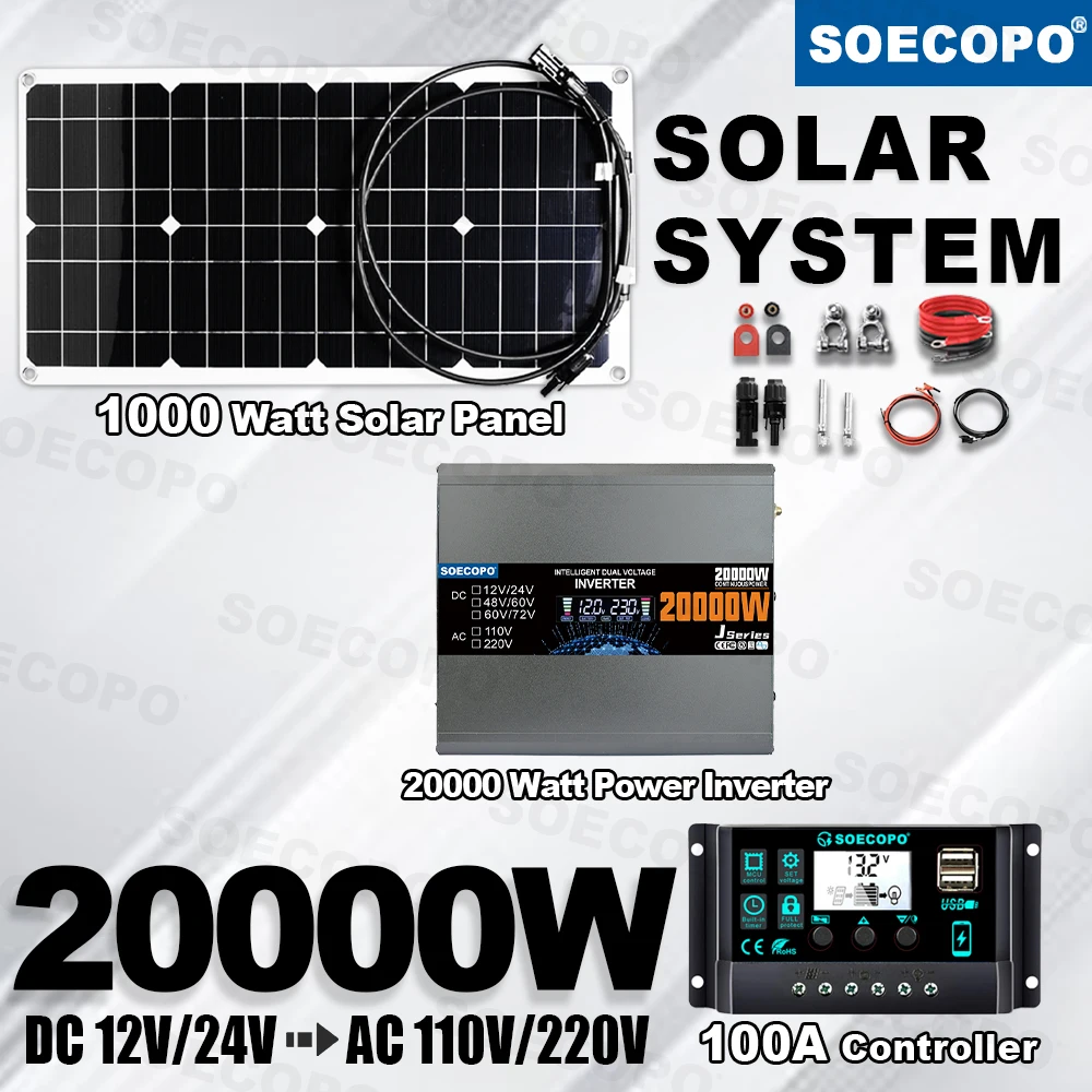 Easy Installation Home Backup 12V 20000W Solar kit 1600W Inverter with 100A Controller for Street camp boat Garden Emergency use
