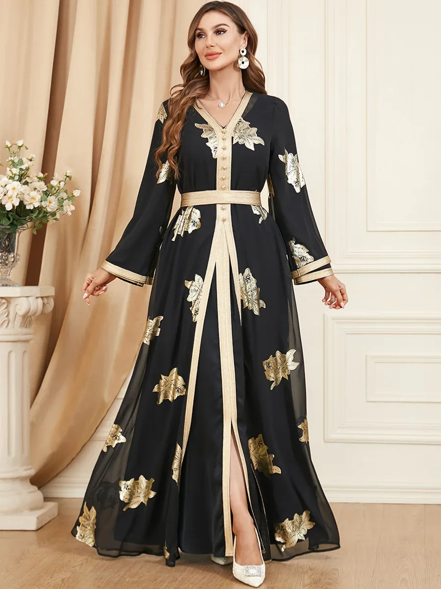 Eid Abito musulmano Abaya Donna 2 pezzi Set Marocco Abiti da festa Ramadan 2025 Cintura Caftano Abiti Maxi Abaya Set Abito elegante