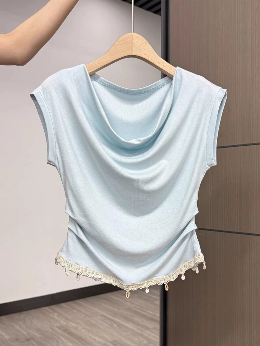 Women's Korean Style Draped Neckline Lace Spliced Short Sleeve T-shirt Fashion Loose Slim Summer Shell Decoration T-shirt