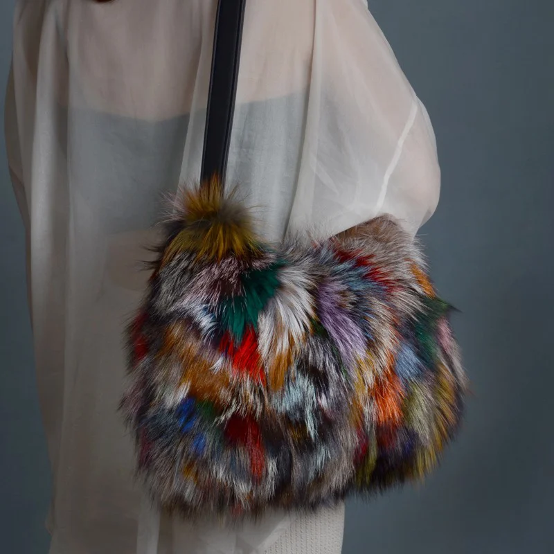 2023 New Fashion Korean Women's Shoulder Bag Luxury Colorful Fox Fur Large Capacity Underarm Bag Casual Fluffy Real Fur Handbag