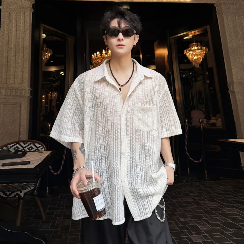 WVGA 2026 Summer New Man Tide Oversized Solid Color Short Sleeve Shirt Niche Chic Casual Turn-Down Collar Transparent Top W20683