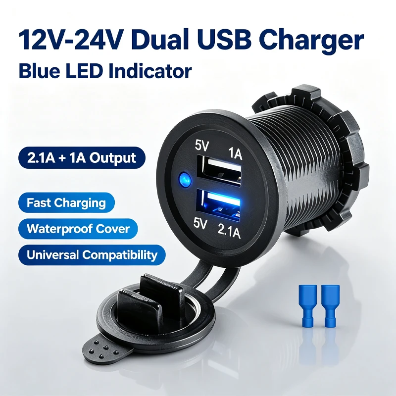 Motorcycle Universal Car Charger LED Light Dual USB Charger Power Outlet Cigarette Lighter Waterproof Lamp for Car Truck ATV
