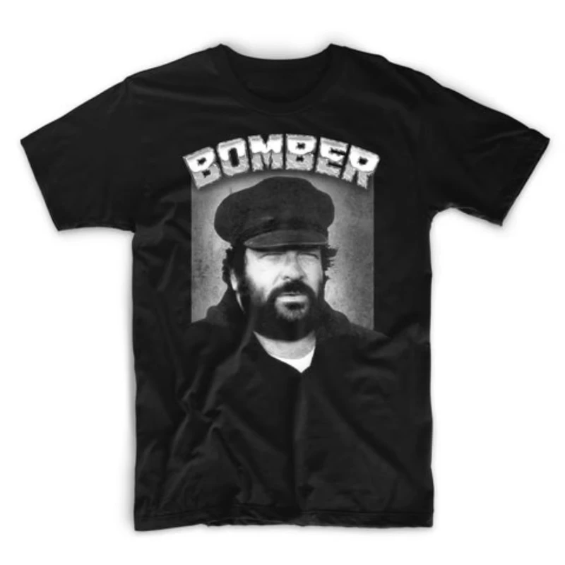 Black shirt soft and breathable cotton all season Western daily wear men's Bud Spencer printed T-shirt retro pilot pattern