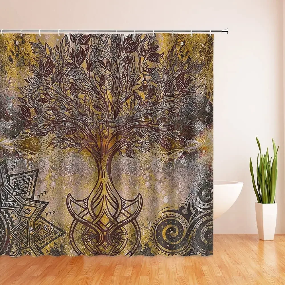 Tree of Life Shower Curtain Grunge Style Tree Pattern with Ethnic Mandala Shapes Blurry Art Fabric Bathroom Set Turquoise Brown