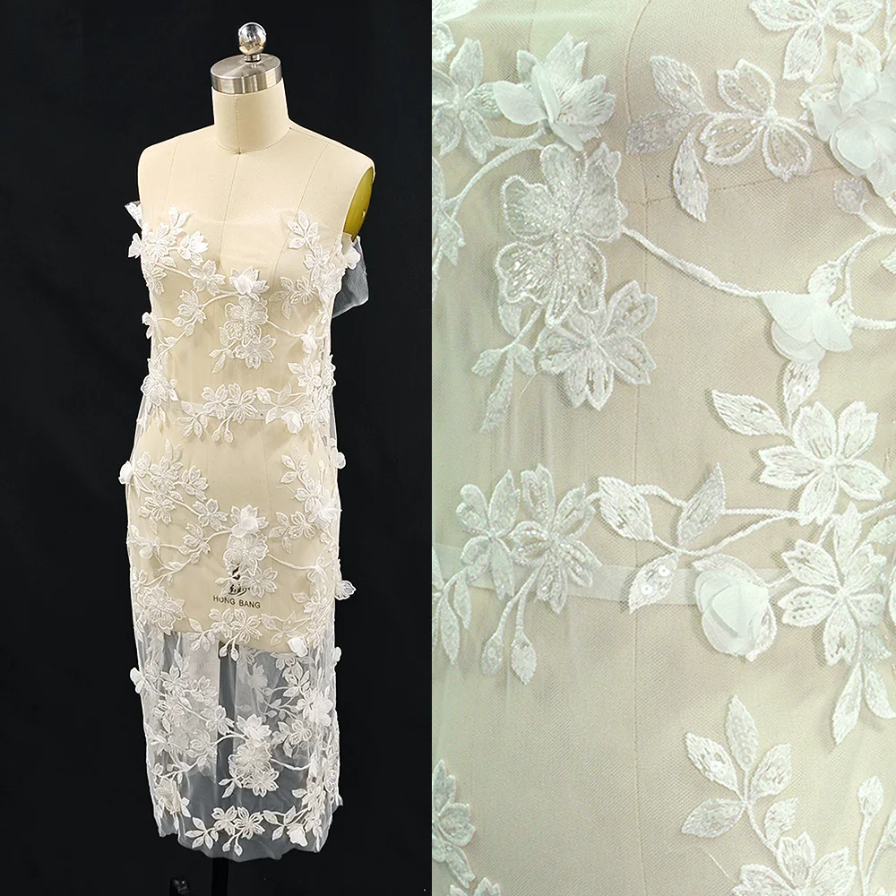 

White 3D Lace Embroidery Fabric Beaded Sequins Mesh for Wedding Dress Evening Gown DIY