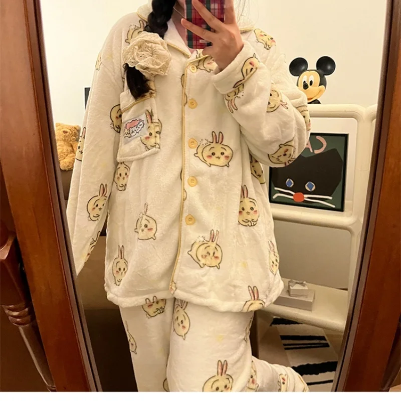 Chiikawa Hachiware منامة مجموعة أنيمي Usagi الفانيلا ملابس خاصة السراويل لطيف المرأة شتاء دافئ بيجامة ملابس المنزل هدية الكريسماس #5